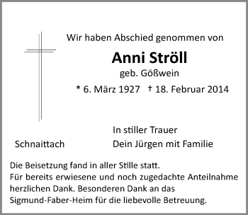 Traueranzeige von Anni Ströll von Pegnitz-Zeitung